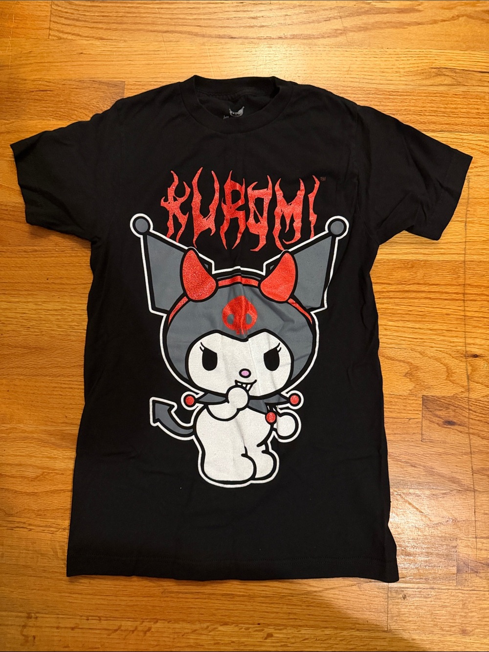 Hot Topic Black Kuromi Devil Graphic Tee with Red and Gray Accents